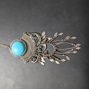 Silver Tone Turquoise Colored Long Statement Pendant Necklace